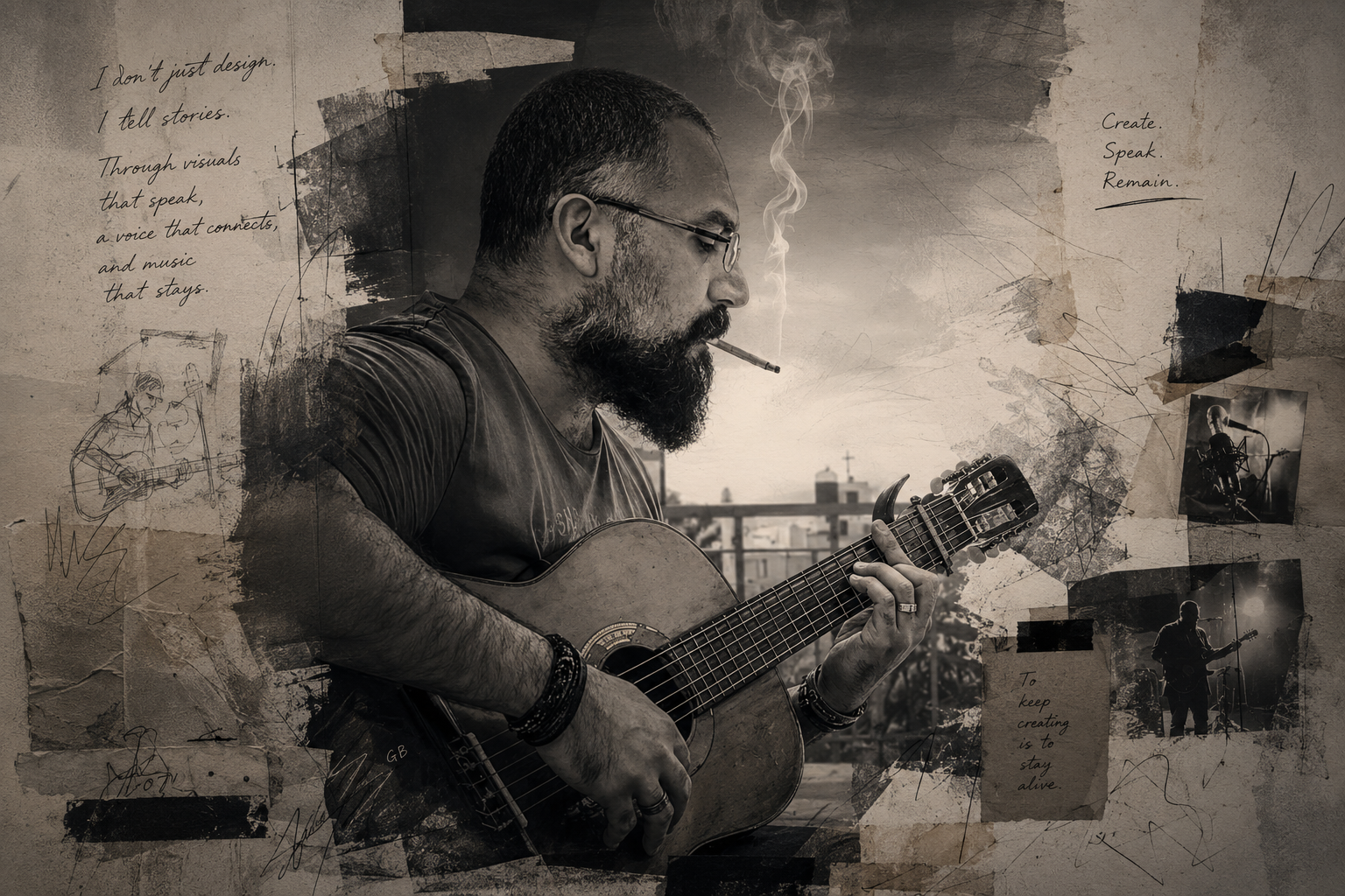 George Boutros playing guitar, surrounded by his sketches